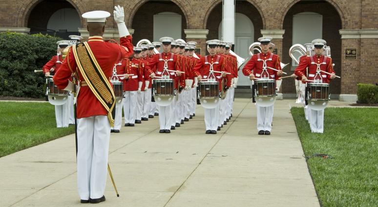 “The Commandant’s Own” U.S. Marine Drum & Bugle Corps (D&B), marches the D&B down center walk during a Beirut Memorial Parade at Marine Barracks Washington, Washington, D.C., Oct. 23, 2017. drummer