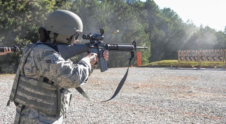 Louisiana National Guard’s Airman 1st Class Julia Thomas, a Metairie native with the 159th Fighter Wing, competes in the rifle reflexive match while competing in the Adjutant General's Match at Camp Beauregard in Pineville, Louisiana, Oct. 11, 2018. Thoma