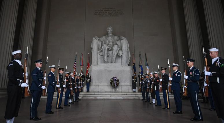 U.S. Army Lt. Gen. Joseph M. Martin, director of the Army Staff, lays a wreath during the Armed Forces Full Honor Wreath Ceremony in honor of President Abraham Lincoln's 210th birthday at the Lincoln Memorial in Washington, D.C., on Feb. 12, 2019.