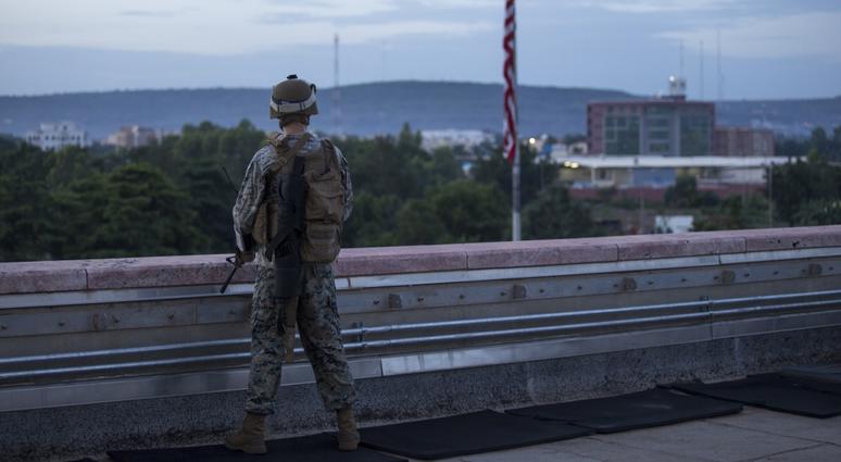 A U.S. Marine Security Guard (MSG) watchstander provides security while standing post on the roof of the U.S. Embassy, Bamako, Mali, Aug. 29, 2016.