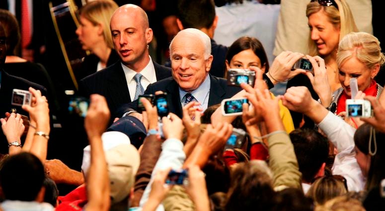 Republican presidential candidate John McCain greets the crowd during a McCain-Palin rally.