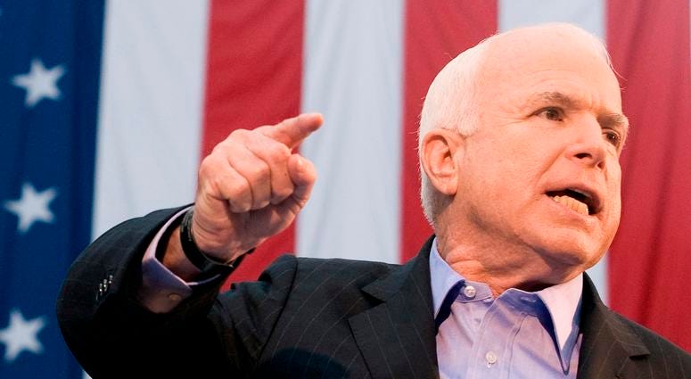 Republican presidential candidate Sen. John McCain speaks during a campaign rally with Republican vice presidential candidate Gov. Sarah Palin of Alaska on the steps of the Chester County Courthouse, in Media, Pennsylvania, on September 22, 2008.