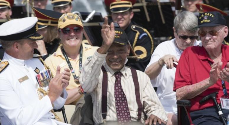 World War II veteran Anthony H. Grant is recognized during a ceremony at the National World War II Memorial to commemorate the 75th anniversary of D-Day and Operation Overlord, Washington, D.C., June 6, 2019.