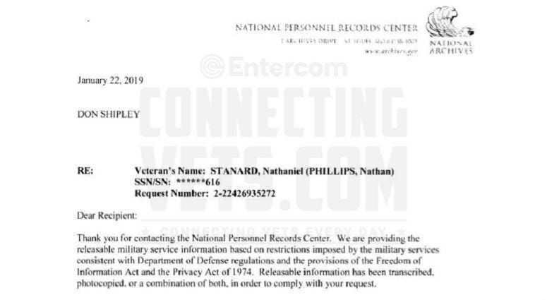 National Personnel Records Center cover letter sent to Don Shipley