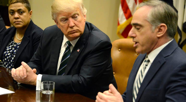 President Donald Trump (C) listens to remarks by Veteran's Administration Secretary David Shulkin during a meeting on Veteran's Affairs in the Cabinet Room of the White House, March 17, 2017, in Washington, DC.