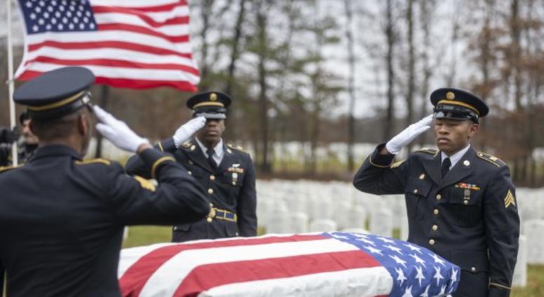 Members of the New York Military Forces Honor Guard provide military honors for the funeral service of former Army paratrooper Pvt. Needham Mayes at Calverton National Cemetery, N.Y. Dec. 2, 2019. Mayes, 85, a Soldier dishonorably discharged from the Army