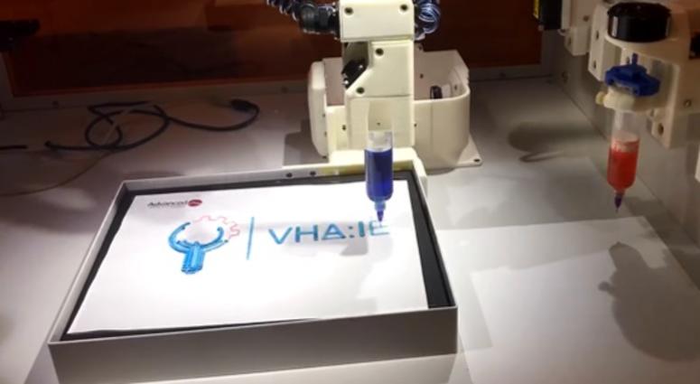 The VHA Innovation Ecosystem is currently working on expanding the uses of 3D printers A 3D printing of the VA Innovation Ecosystem logo at a conference in Chicago
