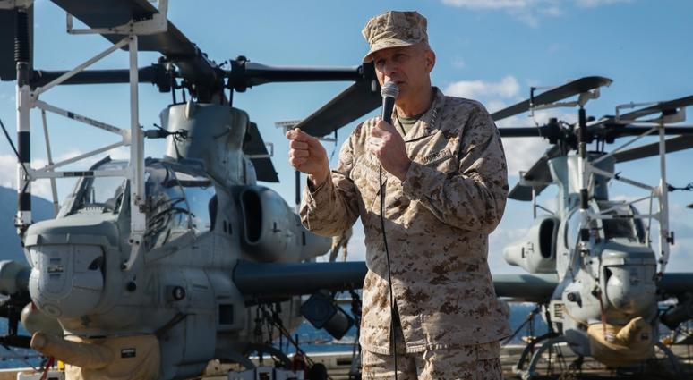 U.S. Marine Corps Gen. Thomas D. Waldhauser, commander, U.S. Africa Command, address Marines and Sailors of the 15th Marine Expeditionary Unit. waldhauser