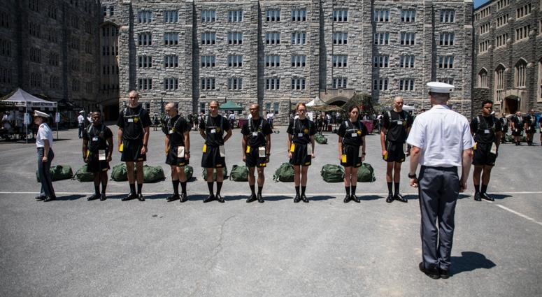 A United States Military Academy at West Point senior teaches new cadets how to salute and march during Reception Day July 2, 2018. The more than 1,200 members of the Class of 2022 is composed of 294 women, 30% minorities, 16 international students and 10 Newly arrived West Point cadets are taught to salute and march