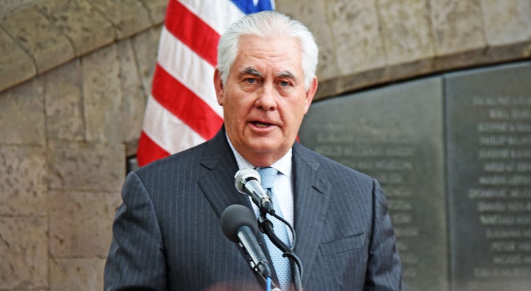 U.S. Secretary of State Rex Tillerson delivers remarks at a wreath-laying ceremony at the August 7th Memorial Park in Nairobi, Kenya.