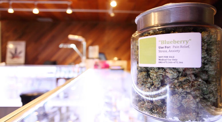 Medical marijuana in large jar at a legal marijuana dispensary.