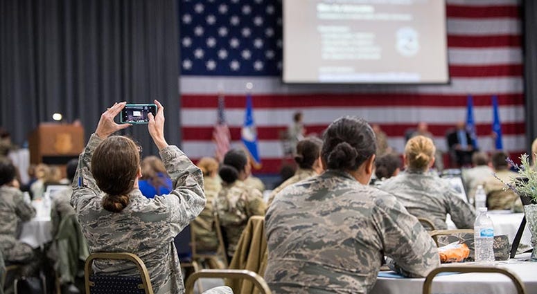 Airmen take time during the Air Force Global Strike Command Women’s Leadership Symposium to appreciate women’s progression in the workforce at Barksdale Air Force Base, La., Nov. 13-14, 2018. The two-day symposium focused on educating Airmen on the import 2nd Bomb Wing Public Affairs