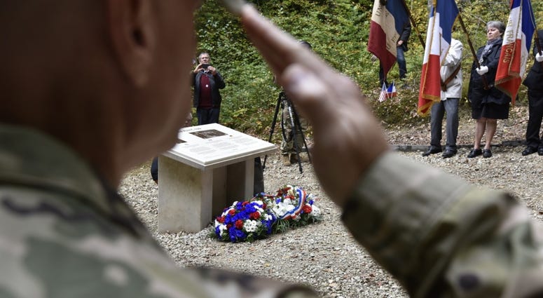 U.S. Air Force Col. Jason Glass, Tennessee Air National Guard commander, renders a salute during a wreath laying ceremony Oct. 7 in Châtel-Chéhéry, France. The ceremony commemorated the heroic acts of Sgt. Alvin C. York.