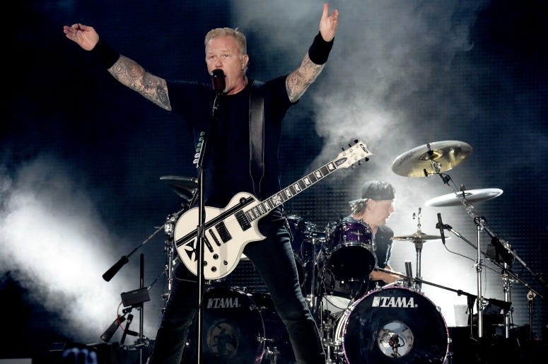 James Hetfield and Lars Ulrich of Metallica performing live on stage at Genting Arena in Birmingham, UK James Hetfield and Lars Ulrich of Metallica performing live on stage at Genting Arena in Birmingham, UK