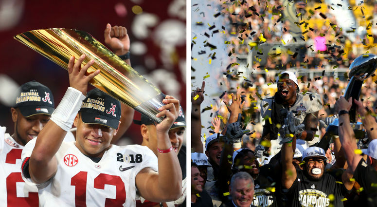 Alabama Crimson Tide quarterback Tua Tagovailoa (13) celebrates 2018 CFP national championship / UCF Knights wide receiver Emmanuel Logan-Greene (7) celebrates after defeating the Memphis Tigers. Alabama Crimson Tide quarterback Tua Tagovailoa (13) celebrates 2018 CFP national championship / UCF Knights wide receiver Emmanuel Logan-Greene (7) celebrates after defeating the Memphis Tigers.