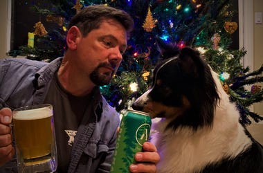 Ken tries to decide if Koda is going to be naughty or nice as his pup eyes a can of Pine Bomb IPA Ken tries to decide if Koda is going to be naughty or nice as his pup eyes a can of Pine Bomb IPA