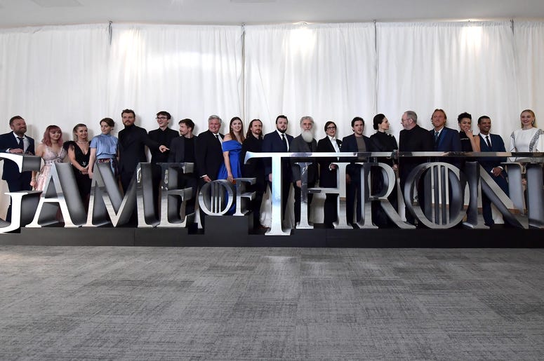 BELFAST, NORTHERN IRELAND - APRIL 12: Actors Richard Dormer, Maisie Williams, Kerry Ingram, Gemma Whelan, Pilou Asbæk, Isaac Hempstead Wright, Joe Dempsie, Conleth Hill, Hannah Murray, Ben Crompton, John Bradley, producer Chris Newman, executive producer "Game Of Thrones" Season 8 Screening - Red Carpet Arrivals
