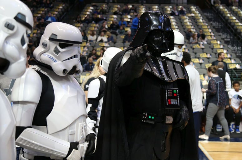 NBA: Indiana Pacers at Dallas Mavericks Dec 9, 2016; Dallas, TX, USA; Darth Vader and his Stormtroopers are in attendance for the game with the Dallas Mavericks playing against the Indiana Pacers for Star Wars night at American Airlines Center. Mandatory Credit: Matthew Emmons-USA TODAY Sports