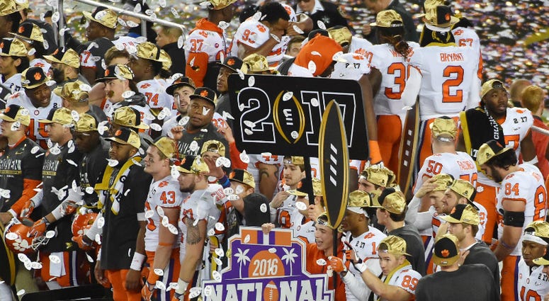 The Clemson Tigers celebrate after defeating the Alabama Crimson Tide in the 2017 College Football Playoff National Championship Game at Raymond James Stadium. The Clemson Tigers celebrate after defeating the Alabama Crimson Tide in the 2017 College Football Playoff National Championship Game at Raymond James Stadium.