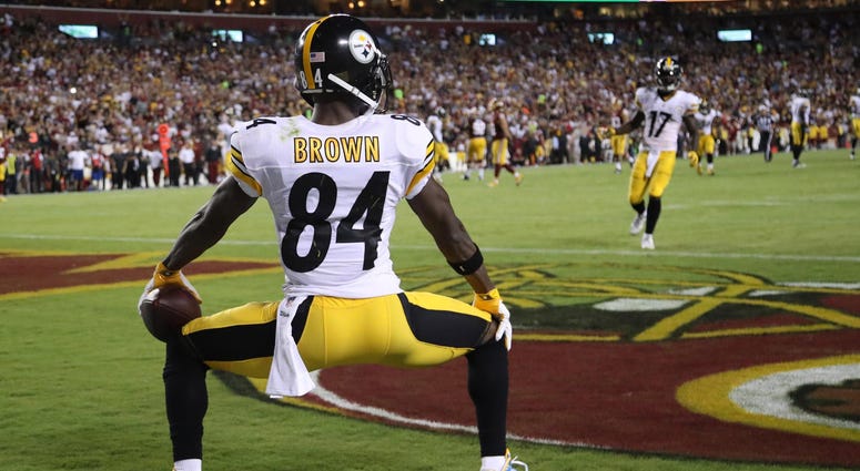 Pittsburgh Steelers wide receiver Antonio Brown celebrates a touchdown against the Washington Redskins Pittsburgh Steelers wide receiver Antonio Brown (84) does a celebration dance in the end zone after scoring a touchdown against the Washington Redskins in the third quarter at FedEx Field.