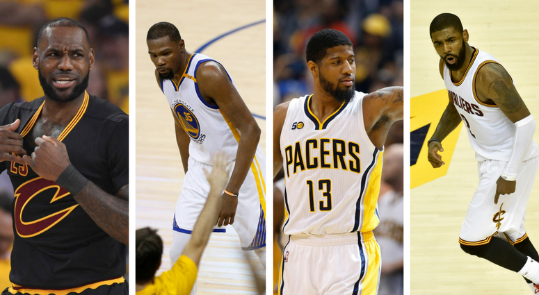 LeBron James, Kevin Durant, Paul George, and Kyrie Irving LeBron James of the Cleveland Cavaliers, Kevin Durant of the Golden State Warriors, Paul George (then) of the Indiana Pacers, and Kyrie Irving of the Cleveland Cavaliers