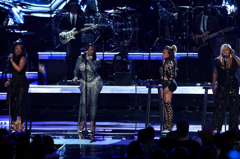 Kandi Burruss, Tamika Scott, Tameka Cottle and LaTocha Scott of Xscape perform onstage the 2017 BET Awards Kandi Burruss, Tamika Scott, Tameka Cottle and LaTocha Scott of Xscape perform onstage the 2017 BET Awards at the Microsoft Theater on June 25, 2017 in Los Angeles, California.