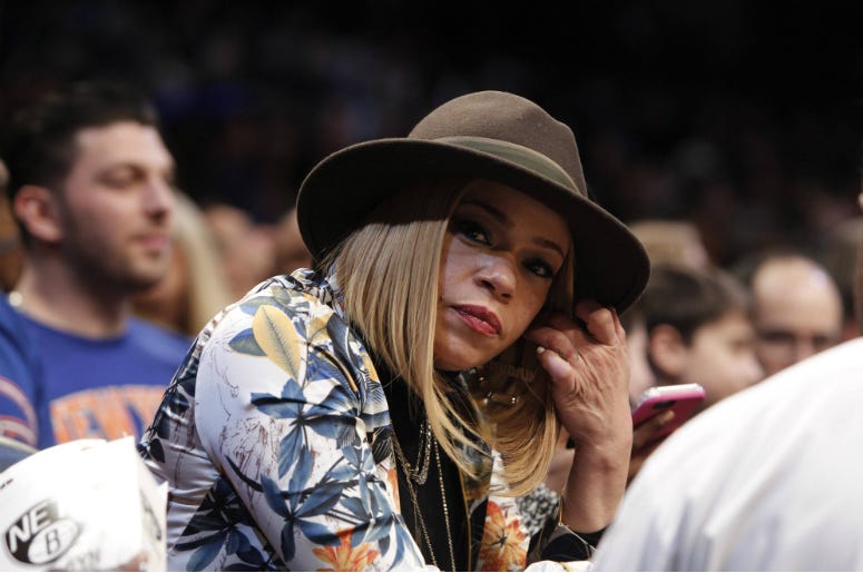 Faith Evans at Brooklyn Nets NBA game Faith Evans, widow of Biggie Smalls, attends the Brooklyn Nets game against New York Knicks at Barclays Center.
