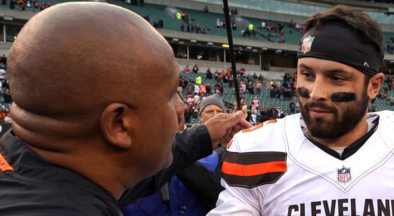 Hue Jackson and Baker Mayfield Hue Jackson and Baker Mayfield