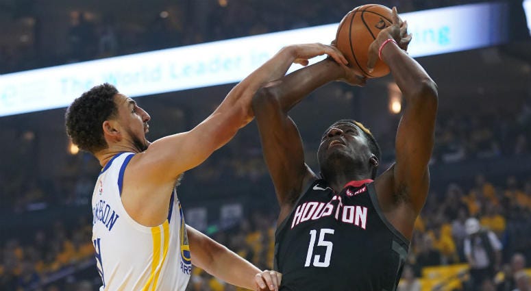 Klay Thompson and Clint Capela Klay Thompson and Clint Capela