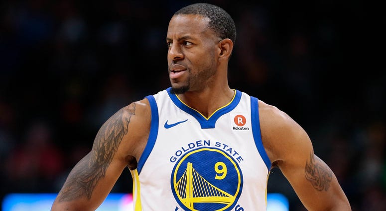 Golden State Warriors' Andre Iguodala Feb 3, 2018; Denver, CO, USA; Golden State Warriors forward Andre Iguodala (9) in the first quarter against the Denver Nuggets at the Pepsi Center.