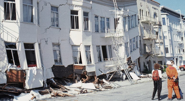 1989 Loma Prieta Earthquake - San Francisco SAN FRANCISCO - OCTOBER 17: General view of the Marina district disaster zone after an earthquake, measuring 7.1 on the richter scale, rocks game three of the World Series between the Oakland A's and San Francisco Giants at Candlestick Park on October 17,