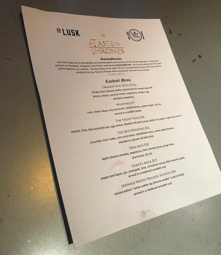 25 Lusk's 'Taste of Thrones' Menu 25 Lusk's 'Taste of Thrones' Menu