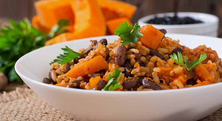 Vegan, Vegetable Pilaf With Haricot Beans And Pumpkin. Dinner, Homemade Vegan, Vegetable Pilaf With Haricot Beans And Pumpkin. Dinner, Homemade (Photo credit: Olena Danileiko)