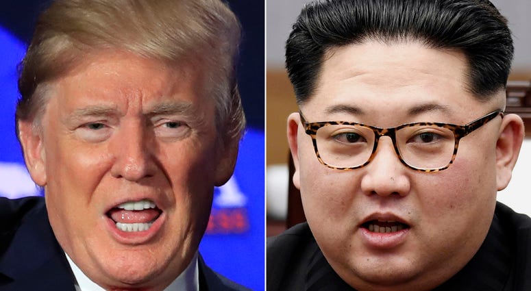 AP18129075340976 This combination of two file photos shows U.S. President Donald Trump, left, speaking during a roundtable discussion on tax cuts in Cleveland, Ohio, May 5, 2018 and North Korean leader Kim Jong Un, right, talking with South Korean President Moon Jae-in in