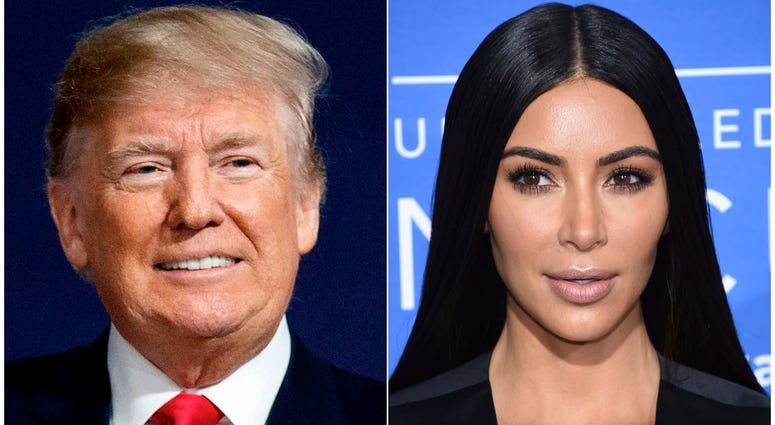 AP18150757745616 This combination photo shows President Donald Trump at a campaign rally in Moon Township, Pa., on March 10, 2018, left, and Kim Kardashian-West at the NBCUniversal Network 2017 Upfront in New York on May 15, 2017. Kardashian-West arrived at the White Hous