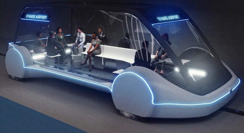 AP18165536479571 This undated artist's rendering provided by The Boring Company, shows an electric public transportation vehicle that is part of a proposed high-speed underground transportation system that will transport passengers from downtown Chicago to O'Hare Internat