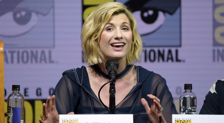 AP18200746541946 Jodie Whittaker speaks at the "Doctor Who" panel on day one of Comic-Con International on Thursday, July 19, 2018, in San Diego.(Photo by Richard Shotwell/Invision/AP)
