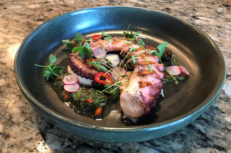 Chef Mark Dommen's Grilled Octopus with Smoked Butter, Bean Puree and Chimichurri Sauce Chef Mark Dommen's Grilled Octopus with Smoked Butter, Bean Puree and Chimichurri Sauce (Photo credit: Foodie Chap/Liam Mayclem)