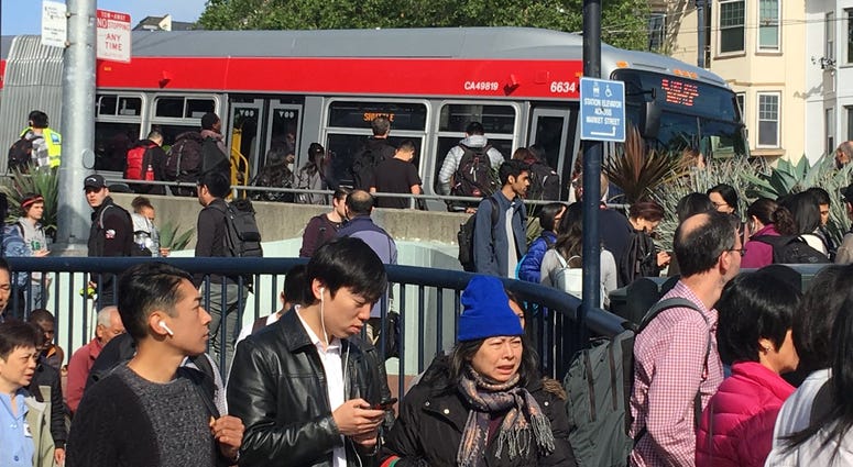 Muni passengers waited in long lines after power lines were torn down near the Powell Station on April 26, 2019. Muni passengers waited in long lines after power lines were torn down near the Powell Station on April 26, 2019.