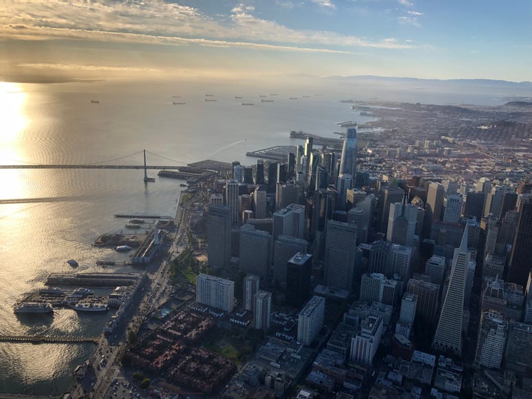 A view of San Francisco taken aboard a Voom helicopter on Oct. 17, 2019. A view of San Francisco taken aboard a Voom helicopter on Oct. 17, 2019.
