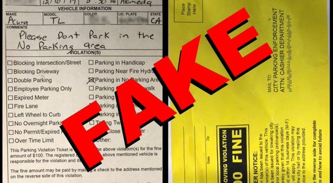 Alameda police began warning drivers on Jan. 15, 2020 about bogus parking tickets left on car Alameda police began warning drivers on Jan. 15, 2020 about bogus parking tickets left on cars.
