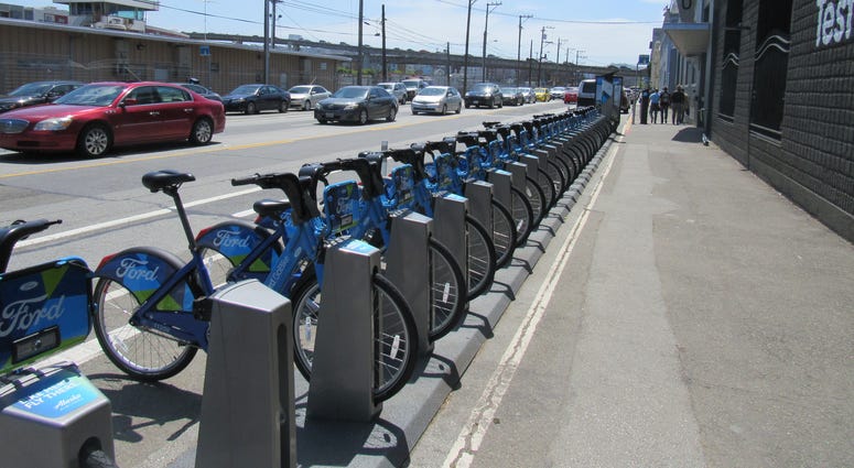 A FordGo bike station in San Francisco. A FordGo bike station in San Francisco.