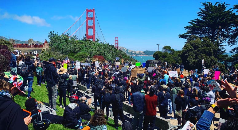 Protesters march across the Golden Gate Bridge in support of the Black Lives Matter movement.