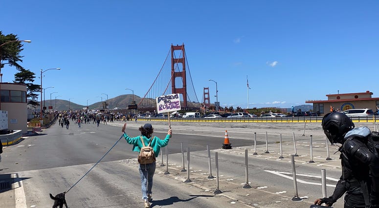 Protesters march across the Golden Gate Bridge in support of the Black Lives Matter movement.