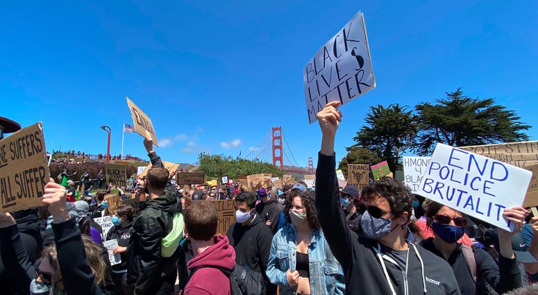 Protesters march across the Golden Gate Bridge in support of the Black Lives Matter movement.