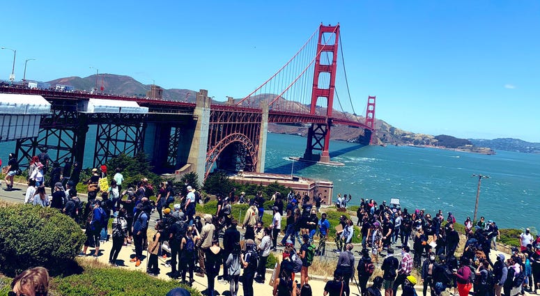Protesters march across the Golden Gate Bridge in support of the Black Lives Matter movement.
