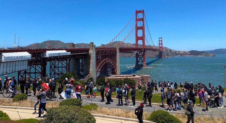 Protesters march across the Golden Gate Bridge in support of the Black Lives Matter movement.