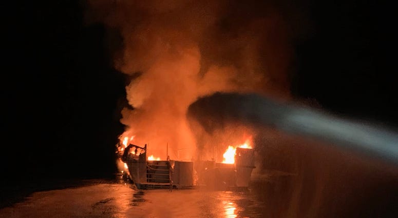In this handout provided by Ventura County Fire Department, the 75-foot Conception, based in Santa Barbara Harbor, burns after catching fire early September 2, 2019 anchored off Santa Cruz Island, California. In this handout provided by Ventura County Fire Department, the 75-foot Conception, based in Santa Barbara Harbor, burns after catching fire early September 2, 2019 anchored off Santa Cruz Island, California.