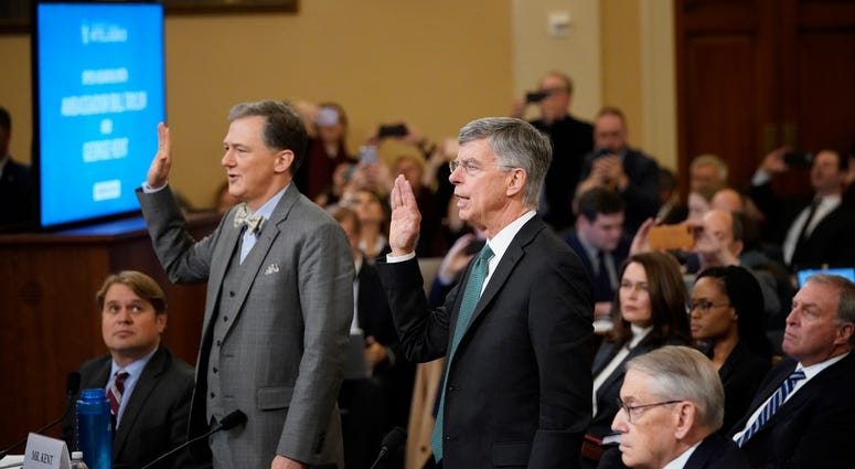 Top U.S. diplomat to Ukraine, William B. Taylor (R), and Deputy Assistant Secretary for European and Eurasian Affairs George P. Kent (L) are sworn in prior to providing testimony to the House Intelligence Committee on Nov. 13, 2019. Top U.S. diplomat to Ukraine, William B. Taylor (R), and Deputy Assistant Secretary for European and Eurasian Affairs George P. Kent (L) are sworn in prior to providing testimony to the House Intelligence Committee on Nov. 13, 2019.