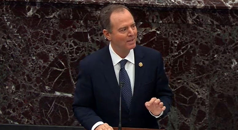 Rep. Adam Schiff speaks as part of the Democratic team arguing for President Trump's removal from office during the impeachment trial on Jan. 22, 2020. Rep. Adam Schiff speaks as part of the Democratic team arguing for President Trump's removal from office during the impeachment trial on Jan. 22, 2020.